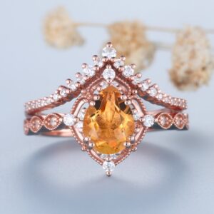 Pear Citrine Engagement Ring Set: Rose Gold Sterling Silver Promise Ring