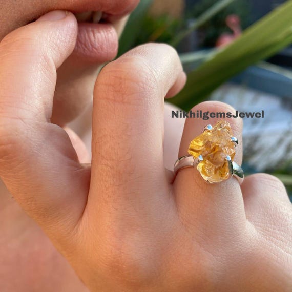 Raw Citrine Engagement Ring: Sterling Silver Art Deco Style