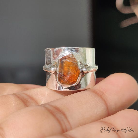 Raw Citrine Sterling Silver Ring: Handmade Wide Band Ring, Healing Gemstone Raw Citrine Sterling Silver Ring: Handmade Wide Band Ring, Healing Gemstone