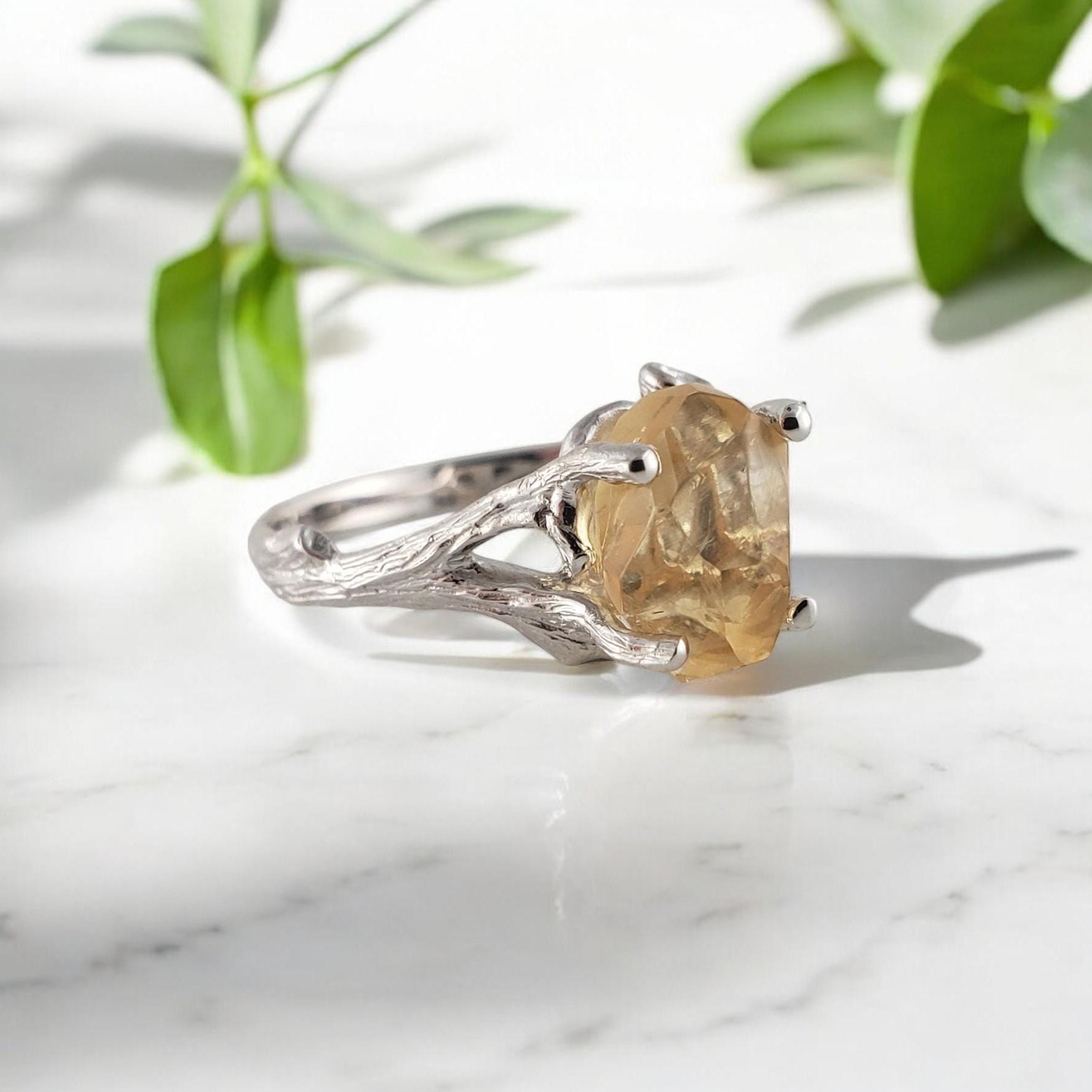 Raw Yellow Citrine Twig Engagement Ring - Rustic Birthstone Jewelry - Nature-inspired Golden Stone Raw Yellow Citrine Twig Engagement Ring - Rustic Birthstone Jewelry - Nature-inspired Golden Stone