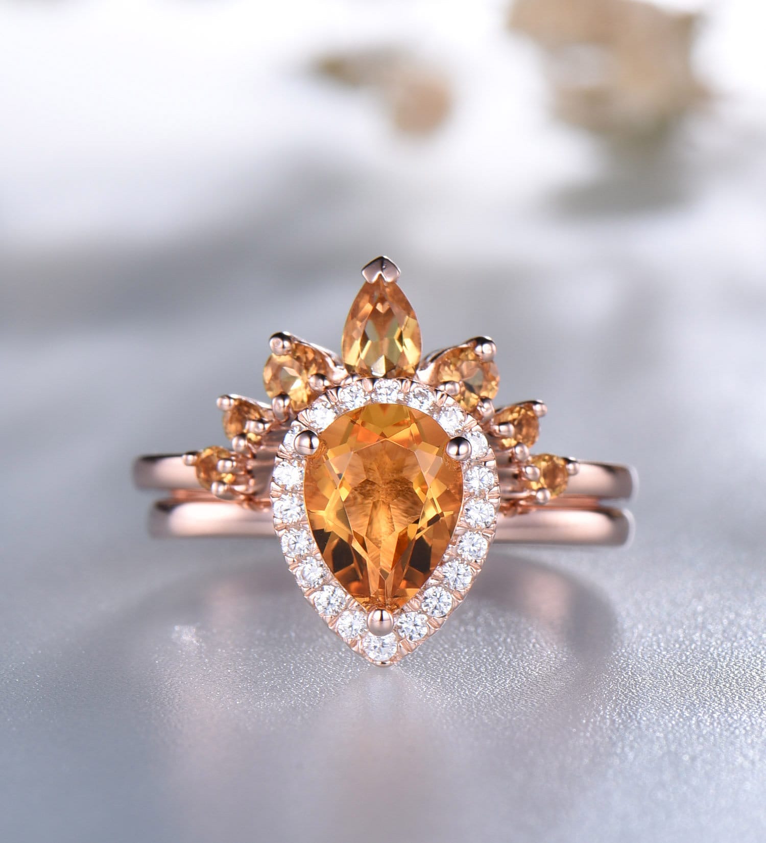 Citrine Ring Set: Teardrop Sterling Silver Crown Ring Citrine Ring Set: Teardrop Sterling Silver Crown Ring