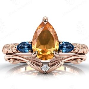 Unique Citrine Engagement Ring Set Pear Cut Citrine Leaf Design Wedding Ring Set Art Deco Bridal Promise Ring Set Anniversary Gift For Her