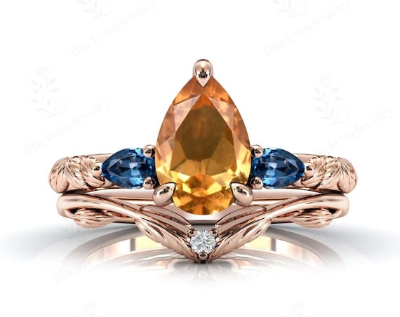 Unique Citrine Engagement Ring Set Pear Cut Citrine Leaf Design Wedding Ring Set Art Deco Bridal Promise Ring Set Anniversary Gift For Her