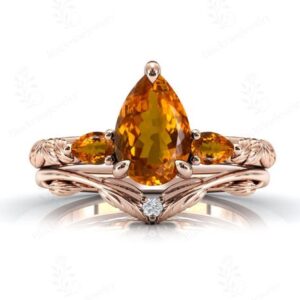 Vine Leaf Maderia Cirtine Engagement Ring Set Pear Cut Maderia Citrine Gemstone 2 Piece Ring Set Art Deco Leaf Style Anniversary Ring Set