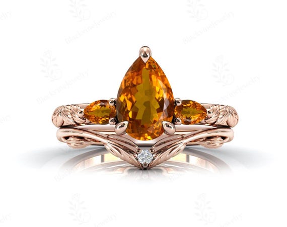 Vine Leaf Maderia Cirtine Engagement Ring Set Pear Cut Maderia Citrine Gemstone 2 Piece Ring Set Art Deco Leaf Style Anniversary Ring Set Vine Leaf Maderia Cirtine Engagement Ring Set Pear Cut Maderia Citrine Gemstone 2 Piece Ring Set Art Deco Leaf Style Anniversary Ring Set