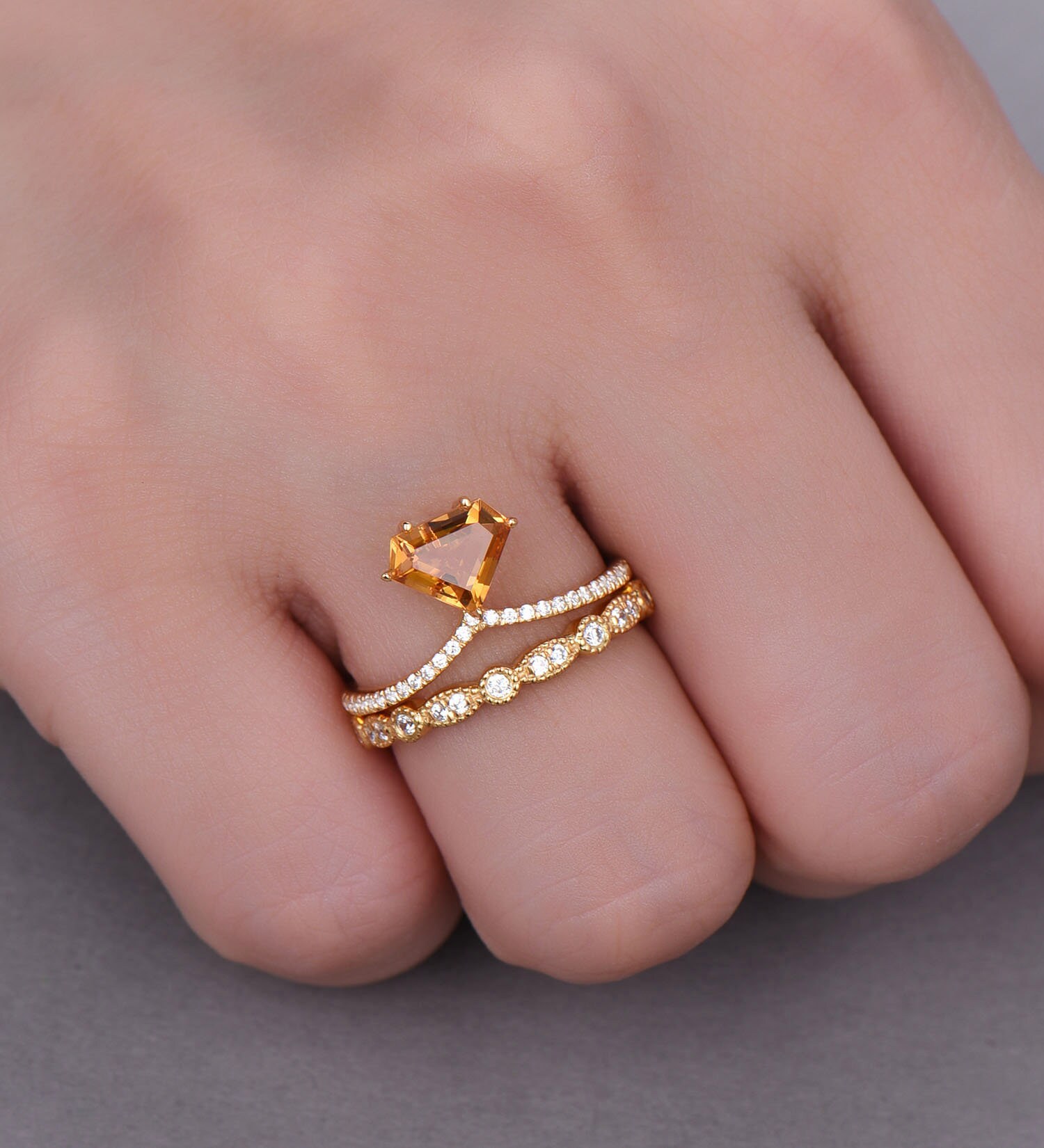 Citrine Wedding Ring Set: 14k Yellow Gold Dainty Stacking Rings Citrine Wedding Ring Set: 14k Yellow Gold Dainty Stacking Rings