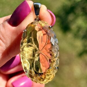 47 Ct Fancy Carved Flower Citrine, 925 Sterling Silver, White Gold Plate 47 Ct Fancy Carved Flower Citrine, 925 Sterling Silver, White Gold Plate