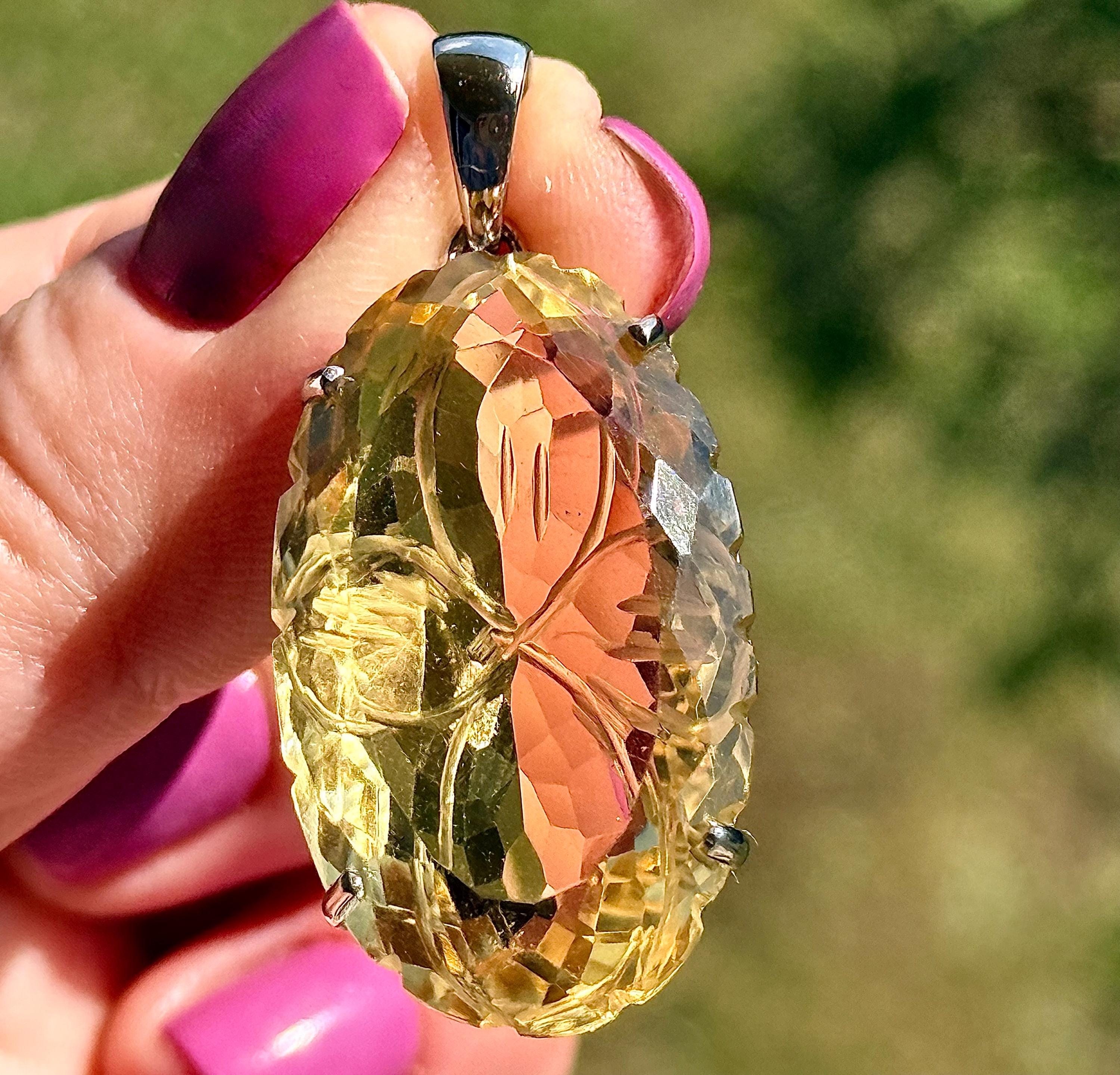47 Ct Fancy Carved Flower Citrine, 925 Sterling Silver, White Gold Plate