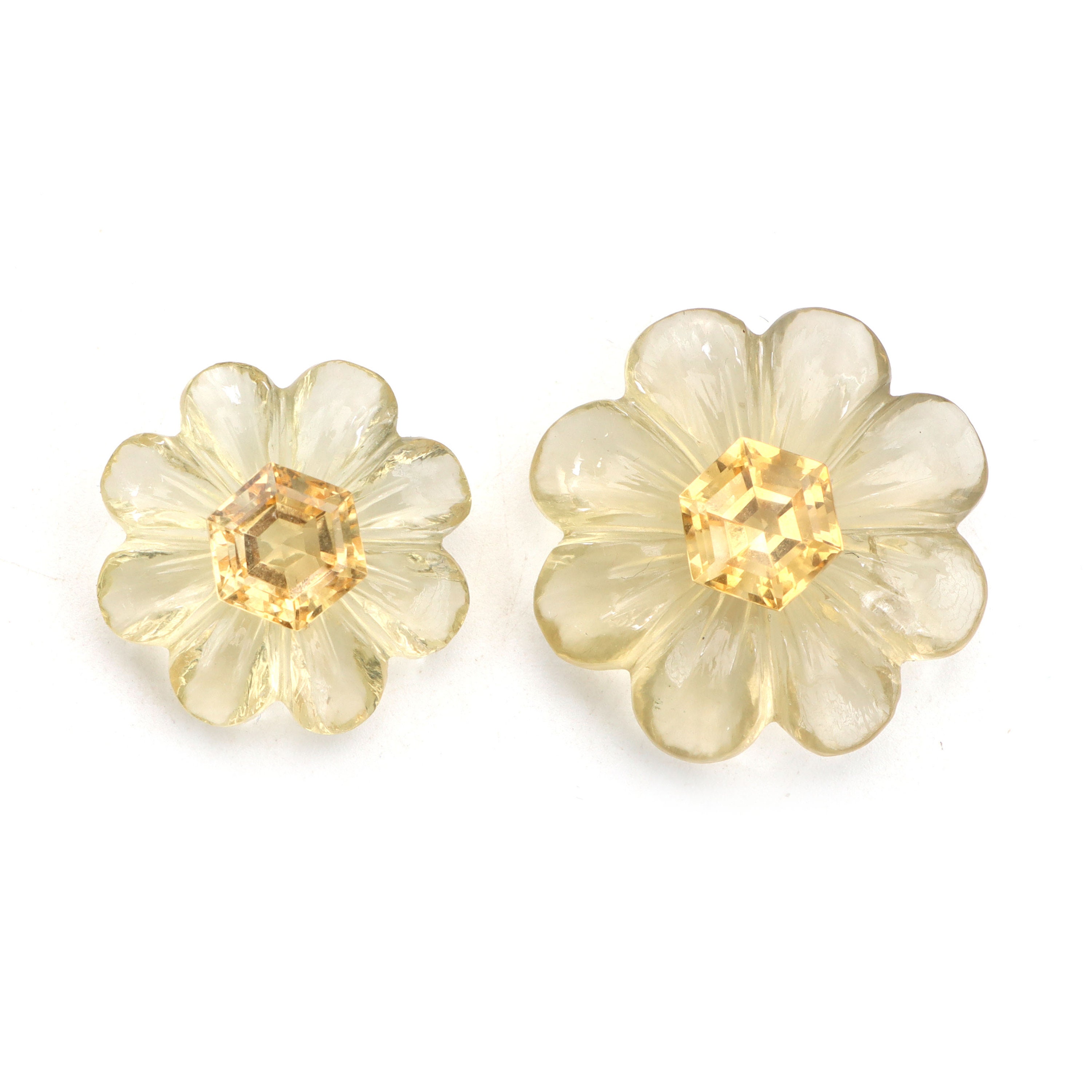 Citrine Flower Carving Loose Gemstone, 29x30 To 29.5x30.5 Mm, Citrine Jewelry Making Flower Carving Gemstone, Set Of ( 2 Pieces )