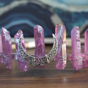 Clear Quartz Purple Aura Crystal Crown with Crescent Moon - Third-eye Chakra