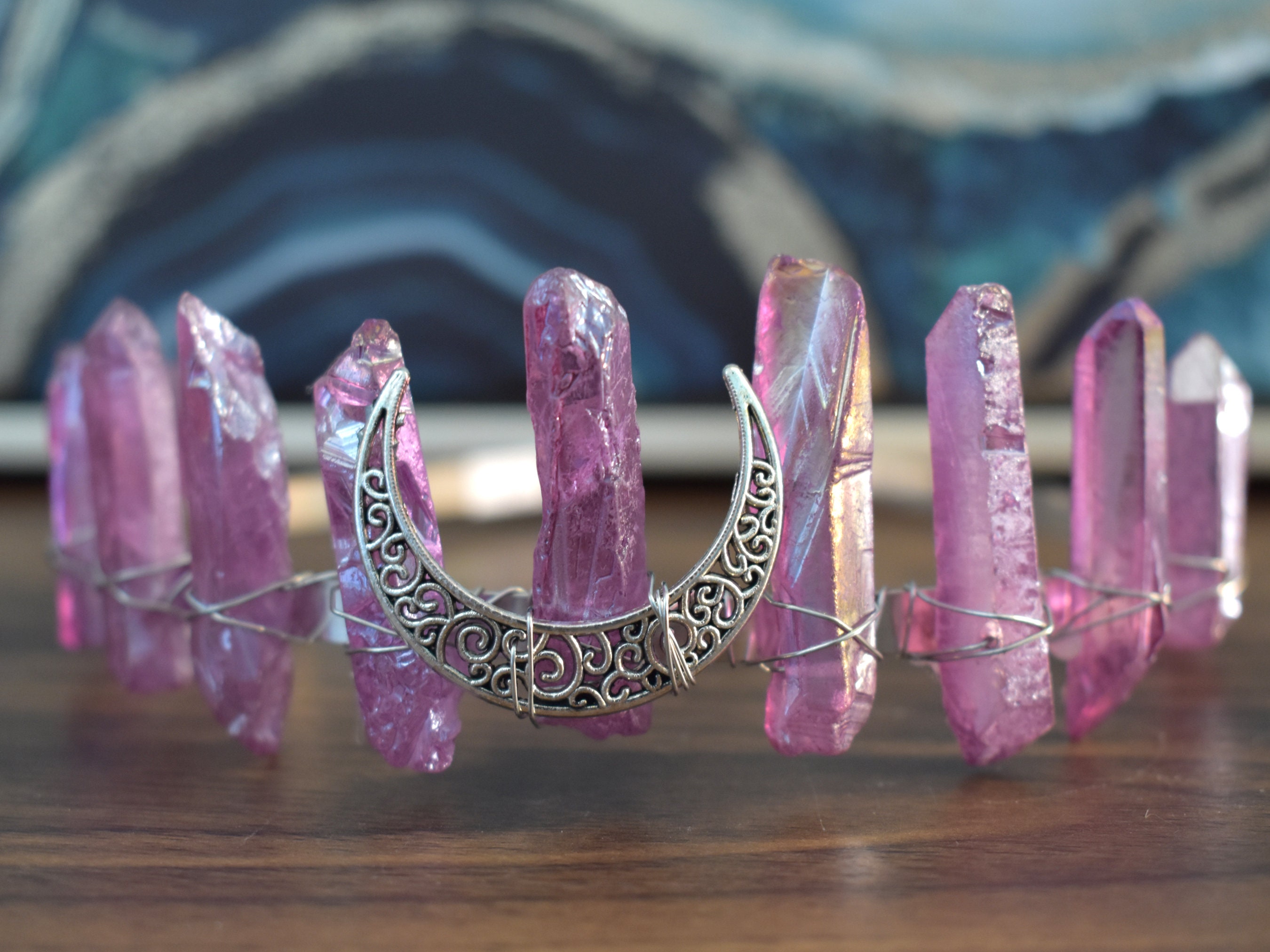 Clear Quartz Purple Aura Crystal Crown With Crescent Moon - Third-eye Chakra