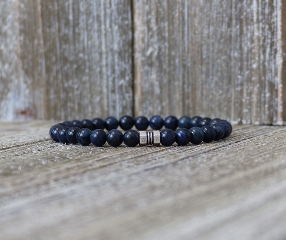 Cool Steampunk Silver Pewter Hex Nut Midnight Blue Dumortierite Beaded Bracelet Cool Steampunk Silver Pewter Hex Nut Midnight Blue Dumortierite Beaded Bracelet