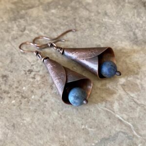 Copper dangle earrings, rustic hand forged cone, blue Dumortierite earrings