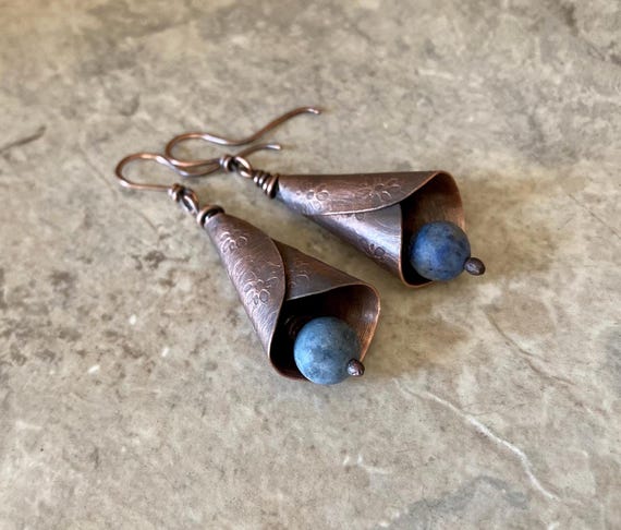 Copper Dangle Earrings, Rustic Hand Forged Cone, Blue Dumortierite Earrings