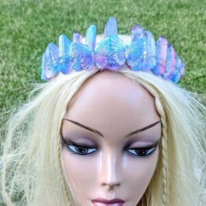 Crystal Crown Tiara: Pink Blue Aura Quartz, Butterfly Fairy Wedding