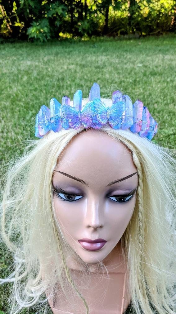 Crystal Crown Tiara: Pink Blue Aura Quartz, Butterfly Fairy Wedding