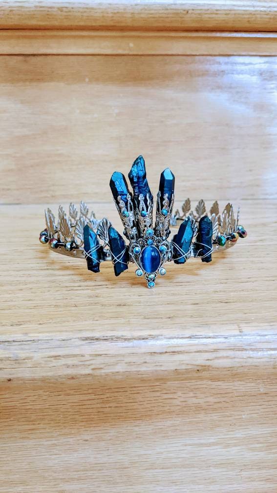 Crystal Crown Tiara: Silver Blue Titanium Aura Quartz, Medieval Headband Crystal Crown Tiara: Silver Blue Titanium Aura Quartz, Medieval Headband