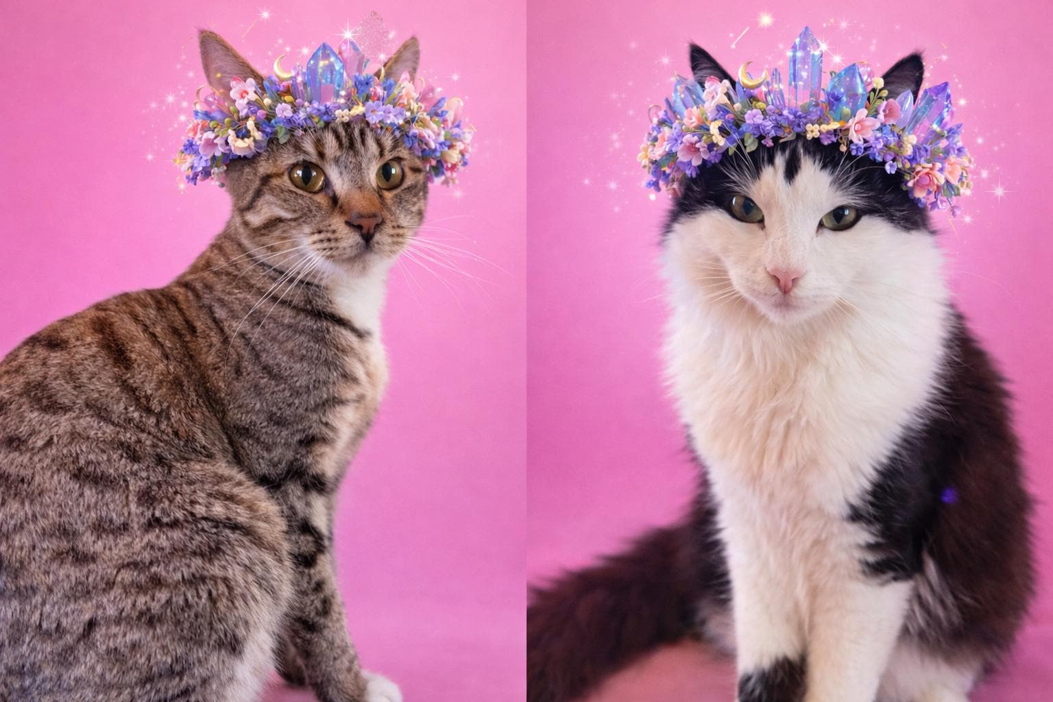 Custom Celestial Flower Crown Cat Portrait – Personalized Pink Crystal Crown Pet Art – Boho Magical Cat Wall Decor – Custom Cat Lover Gift