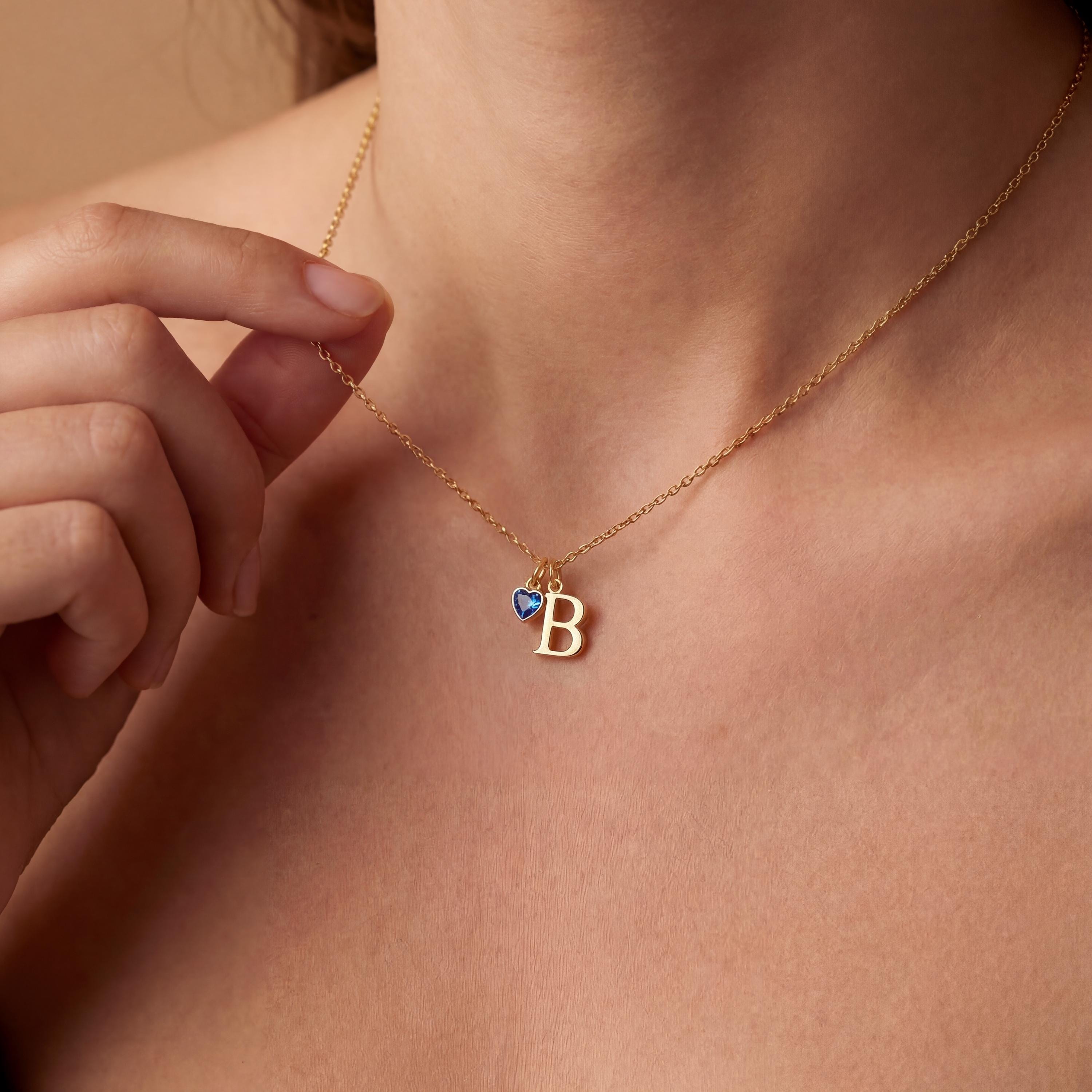Custom Tiny Initial Necklace With Heart Birthstone, Personalized Letter Necklace, Minimalist Necklace, Gift For Her, Mothers Day Gift