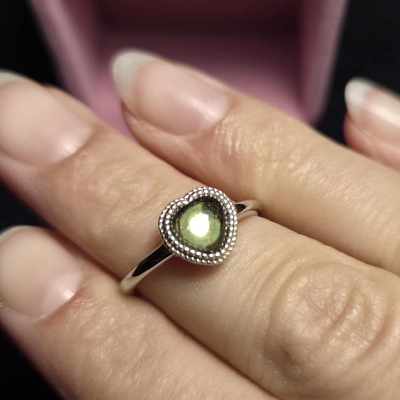 Dainty Heart Shaped Genuine Moldavite Ring S925 Silver Adjustable