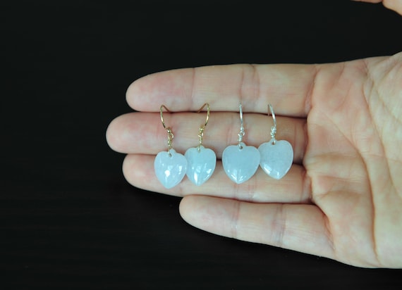 Dainty Icy Jade Heart Earrings, Natural Genuine Grade A Jade Heart Earrings