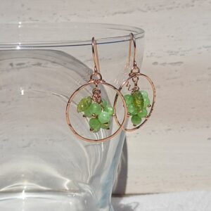 Dangling Green Calcite Grapes with Green Peridot Leaf in Rose Gold Hammered Hoop Earrings Dangling Green Calcite Grapes with Green Peridot Leaf in Rose Gold Hammered Hoop Earrings