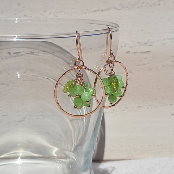 Dangling Green Calcite Grapes With Green Peridot Leaf In Rose Gold Hammered Hoop Earrings