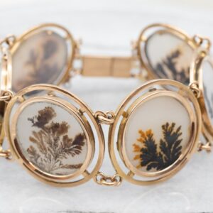14K Gold Dendritic Agate Link Bracelet, Mid-Century Modern