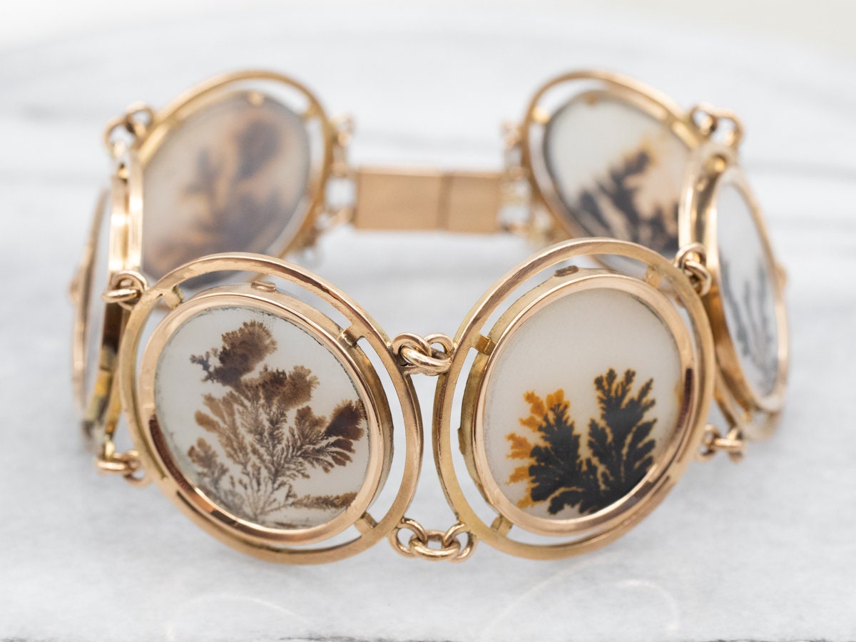 14k Gold Dendritic Agate Link Bracelet, Mid-century Modern 14k Gold Dendritic Agate Link Bracelet, Mid-century Modern