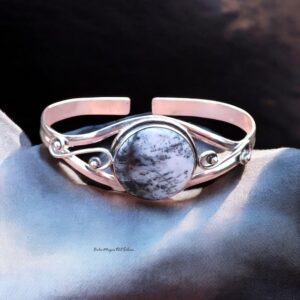 Handmade Dendritic Agate Bangle: 925 Sterling Silver Adjustable Cuff