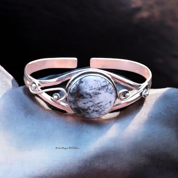 Handmade Dendritic Agate Bangle: 925 Sterling Silver Adjustable Cuff