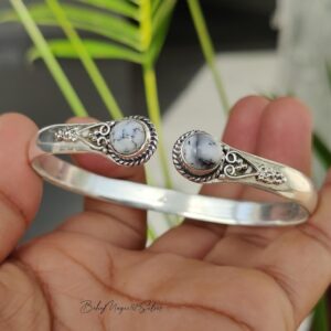 Handmade Dendritic Agate Bangle - Sterling Silver Cuff Bracelet, Statement Gemstone