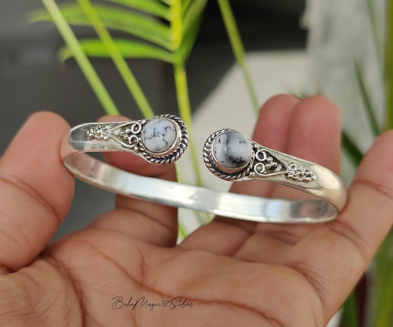 Handmade Dendritic Agate Bangle - Sterling Silver Cuff Bracelet, Statement Gemstone Handmade Dendritic Agate Bangle - Sterling Silver Cuff Bracelet, Statement Gemstone
