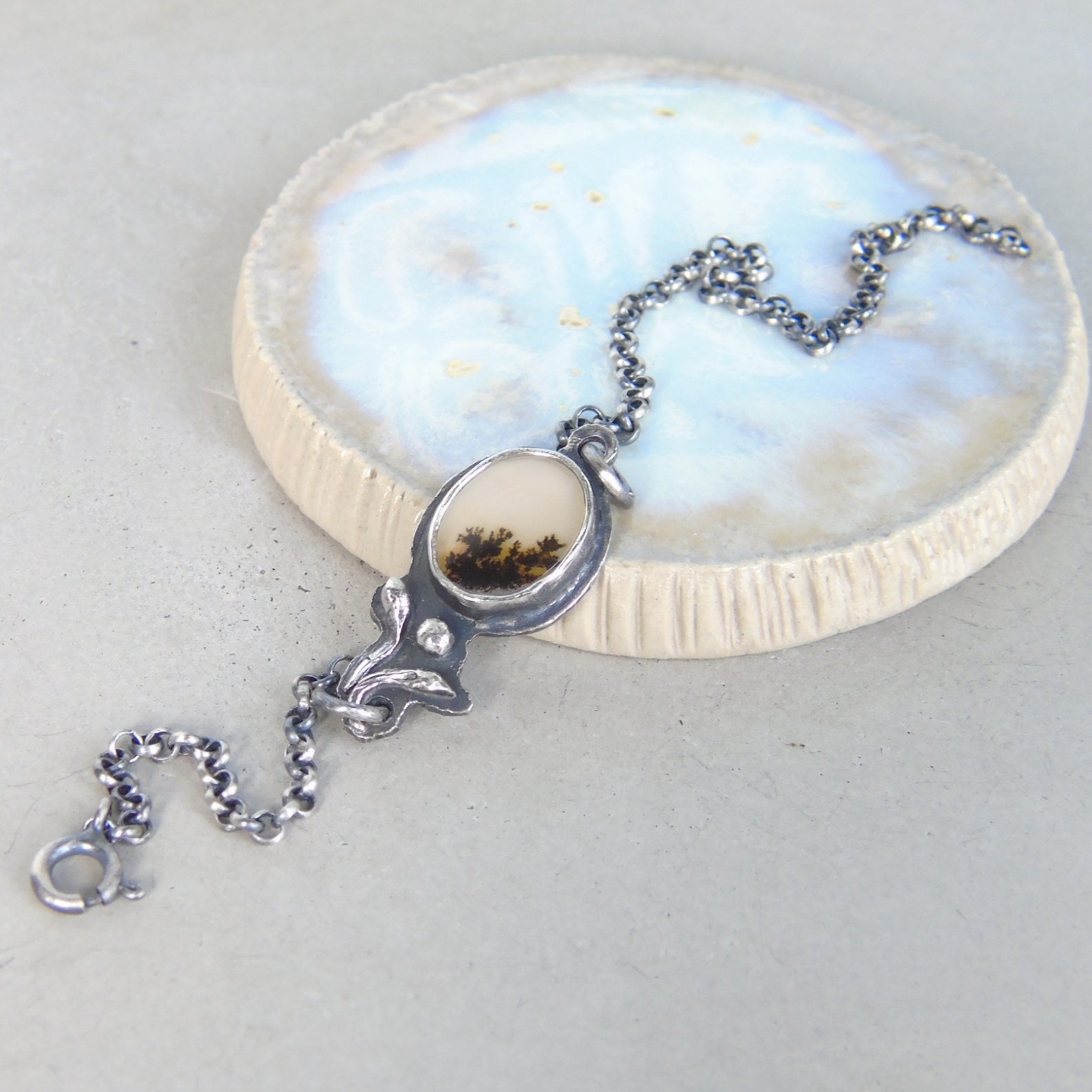 Dendritic Agate Bracelet: Sterling Silver Flower, Artisan Chain