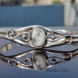Dendritic Agate Sterling Silver Bangle - Adjustable Stone Bracelet