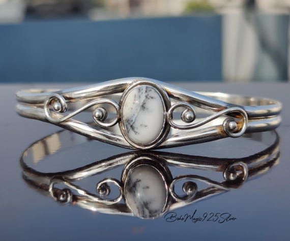 Dendritic Agate Sterling Silver Bangle - Adjustable Stone Bracelet Dendritic Agate Sterling Silver Bangle - Adjustable Stone Bracelet