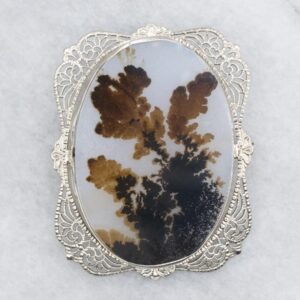 14K White Gold Dendritic Agate Brooch, Art Deco Cabochon Pin