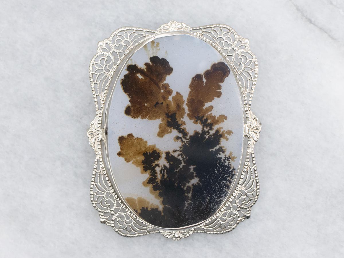 14k White Gold Dendritic Agate Brooch, Art Deco Cabochon Pin
