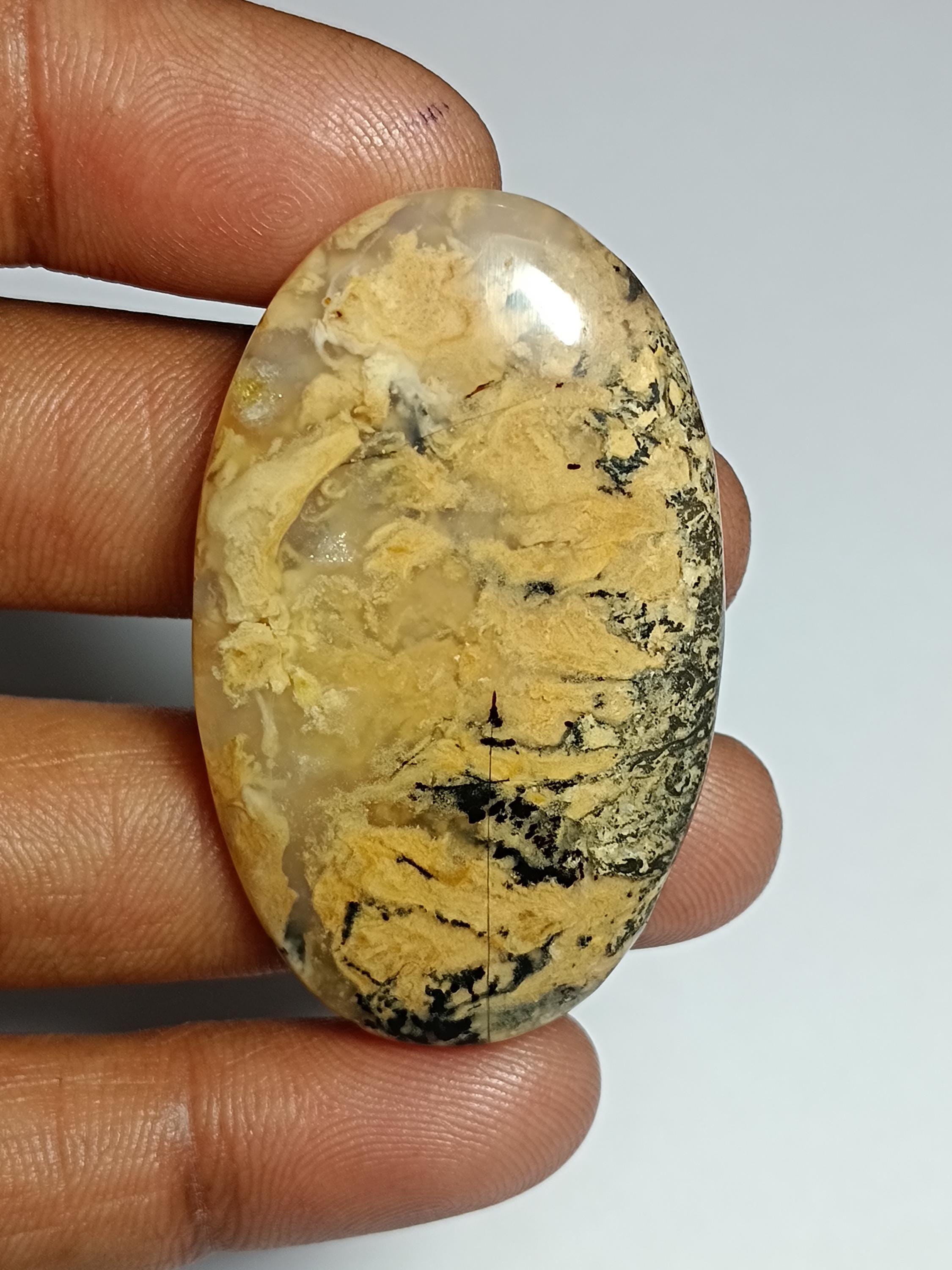 Tiger Dendritic Agate Cabochon: Semi Precious Loose Gemstone (46 X 27 Mm, 68cts.)