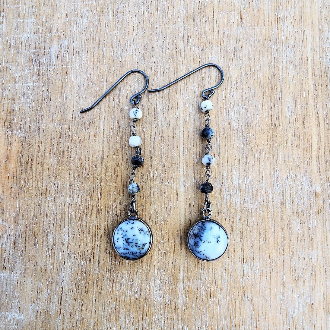 Dendritic Agate Gemstone Earrings Oxidized Sterling Silver, Long Black And White Gemstone Earrings, Circle Gemstone Everyday Earrings