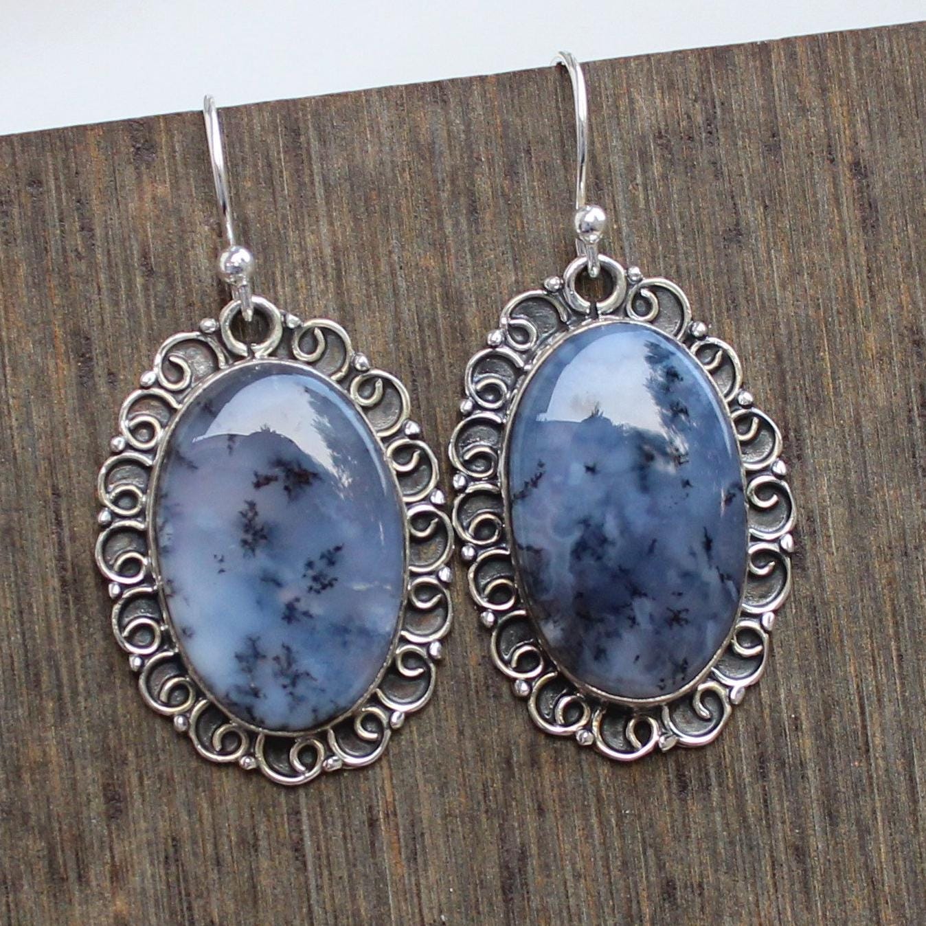 Dendritic Agate Sterling Silver Earrings, Handmade Dangle Jewelry Dendritic Agate Sterling Silver Earrings, Handmade Dangle Jewelry
