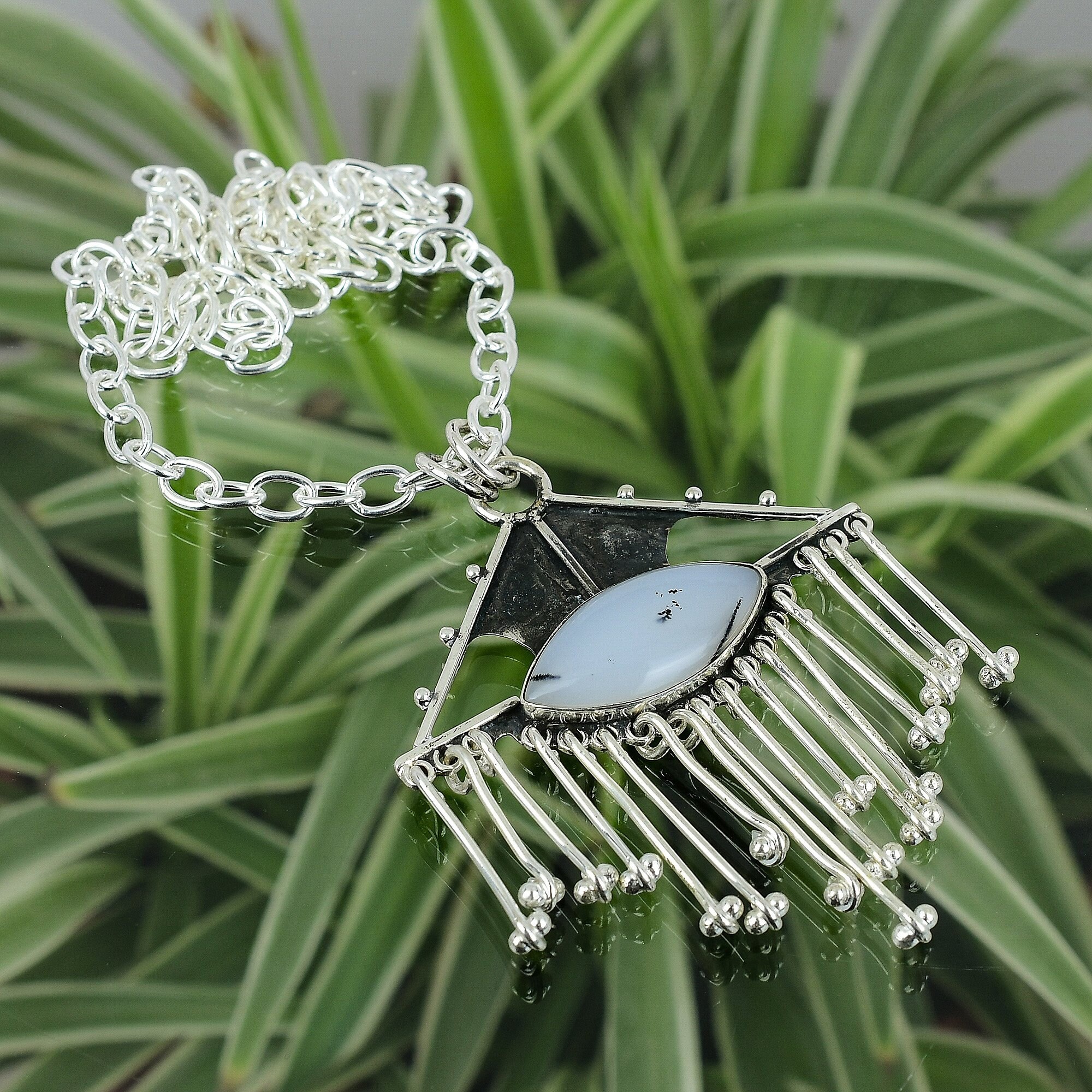 Dendrite Agate Necklace: Handmade 925 Sterling Silver Statement Jewelry