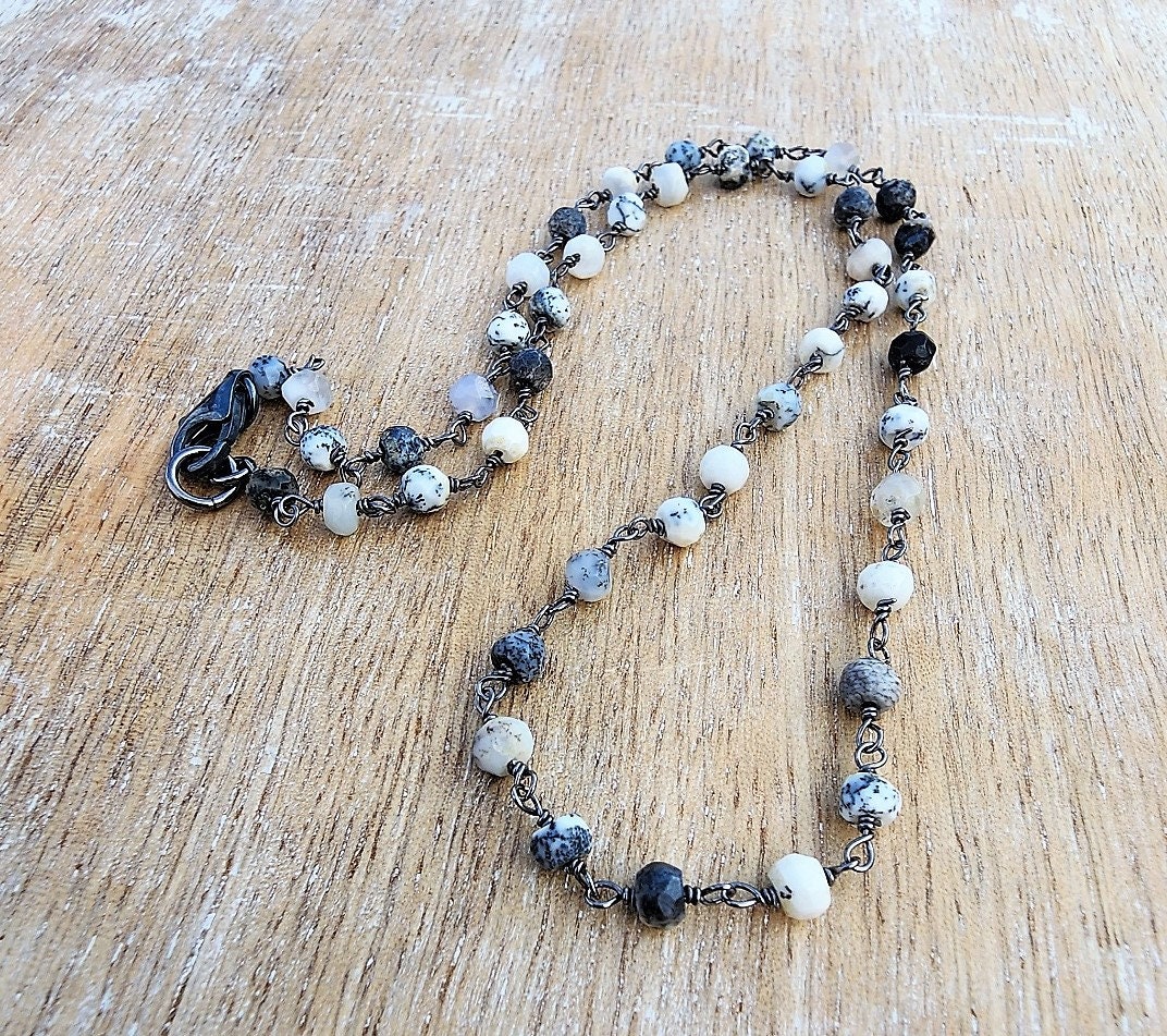 Dendritic Agate Gemstone Necklace, Dainty Black And White Beaded Choker Necklace, Oxidized Sterling Silver Necklace, Layering Necklace Dendritic Agate Gemstone Necklace, Dainty Black And White Beaded Choker Necklace, Oxidized Sterling Silver Necklace, Layering Necklace