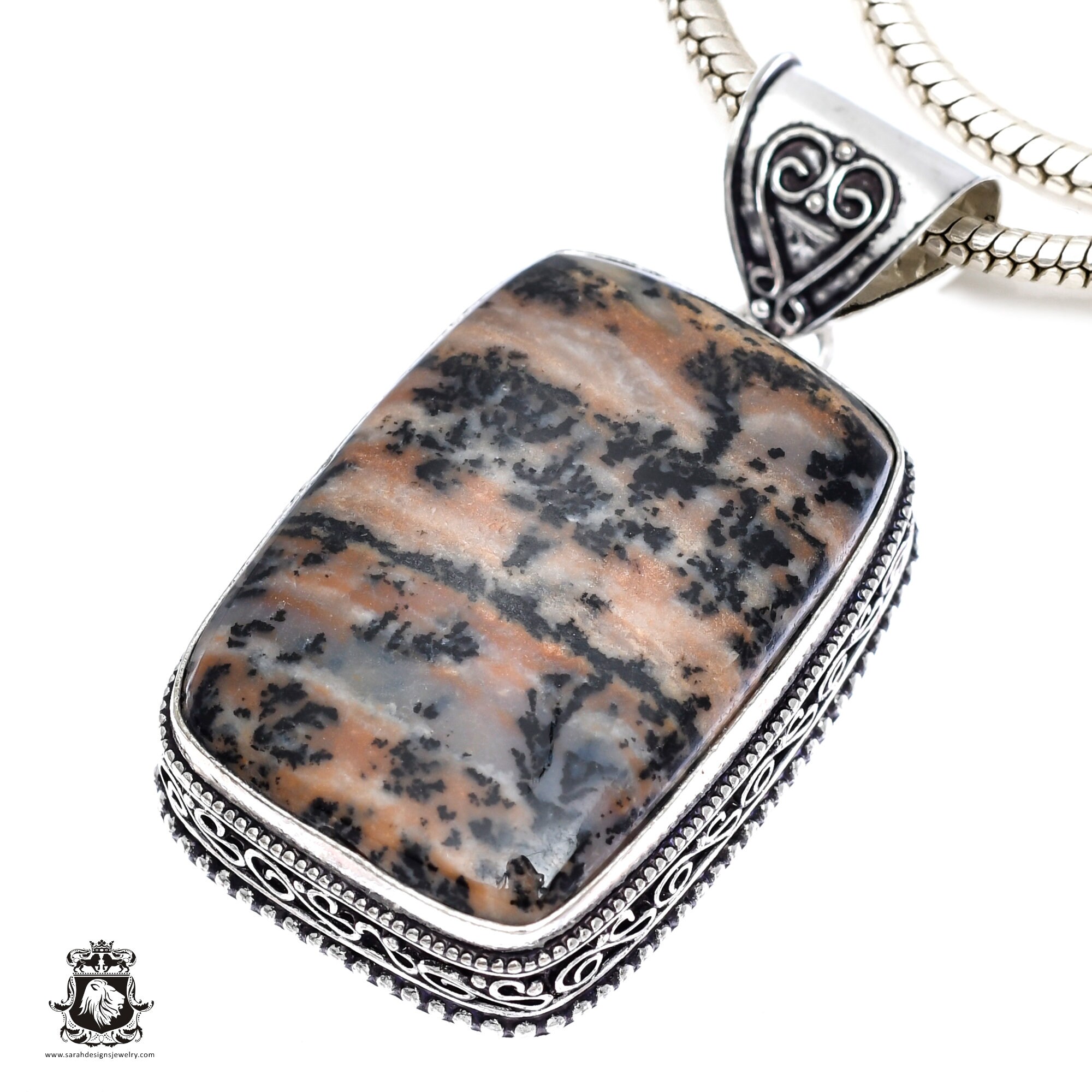 German Fossilized Dendrite Agate Necklace & Free 2mm Italian 925 Sterling Silver Chain V372