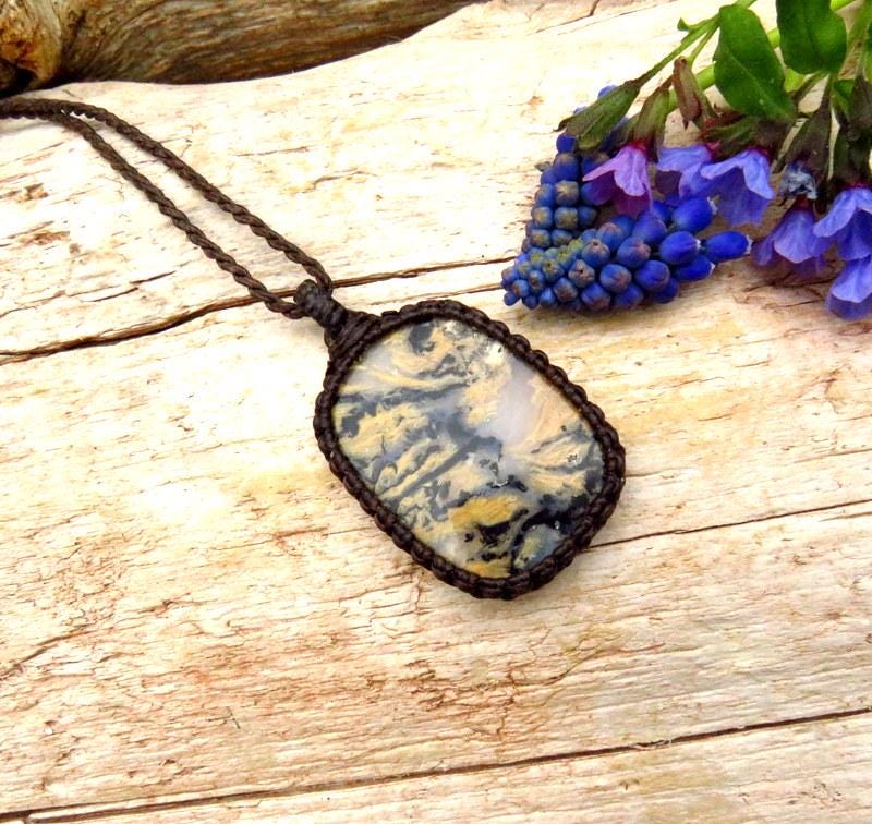 Tiger Dendrite Agate Macrame Necklace, Fathers Day Gift Ideas, Rock Collector, Gift Ideas For The Boho Beauty