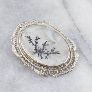 10K White Gold Dendritic Agate Brooch Pendant, Estate Jewelry