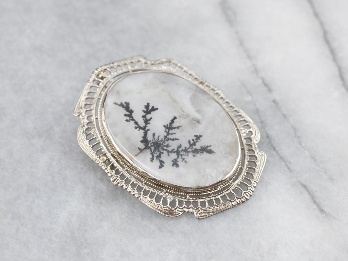 10k White Gold Dendritic Agate Brooch Pendant, Estate Jewelry 10k White Gold Dendritic Agate Brooch Pendant, Estate Jewelry