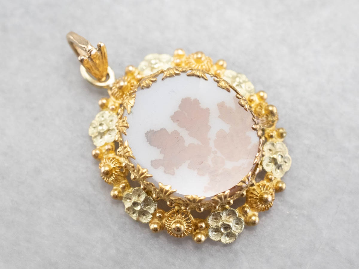 14k Gold Floral Dendritic Agate Pendant, Shazar Stone