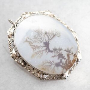 14K White Gold Dendritic Agate Brooch Pendant, Estate Jewelry