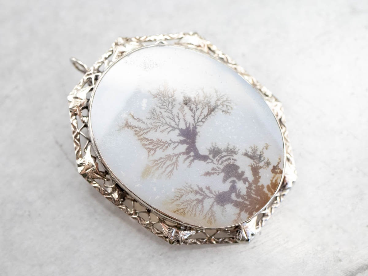 14k White Gold Dendritic Agate Brooch Pendant, Estate Jewelry 14k White Gold Dendritic Agate Brooch Pendant, Estate Jewelry